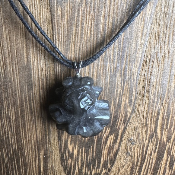 Silver Sheen Obsidian Goldfish Pendant Necklace on Black Rope - Picture 3 of 12